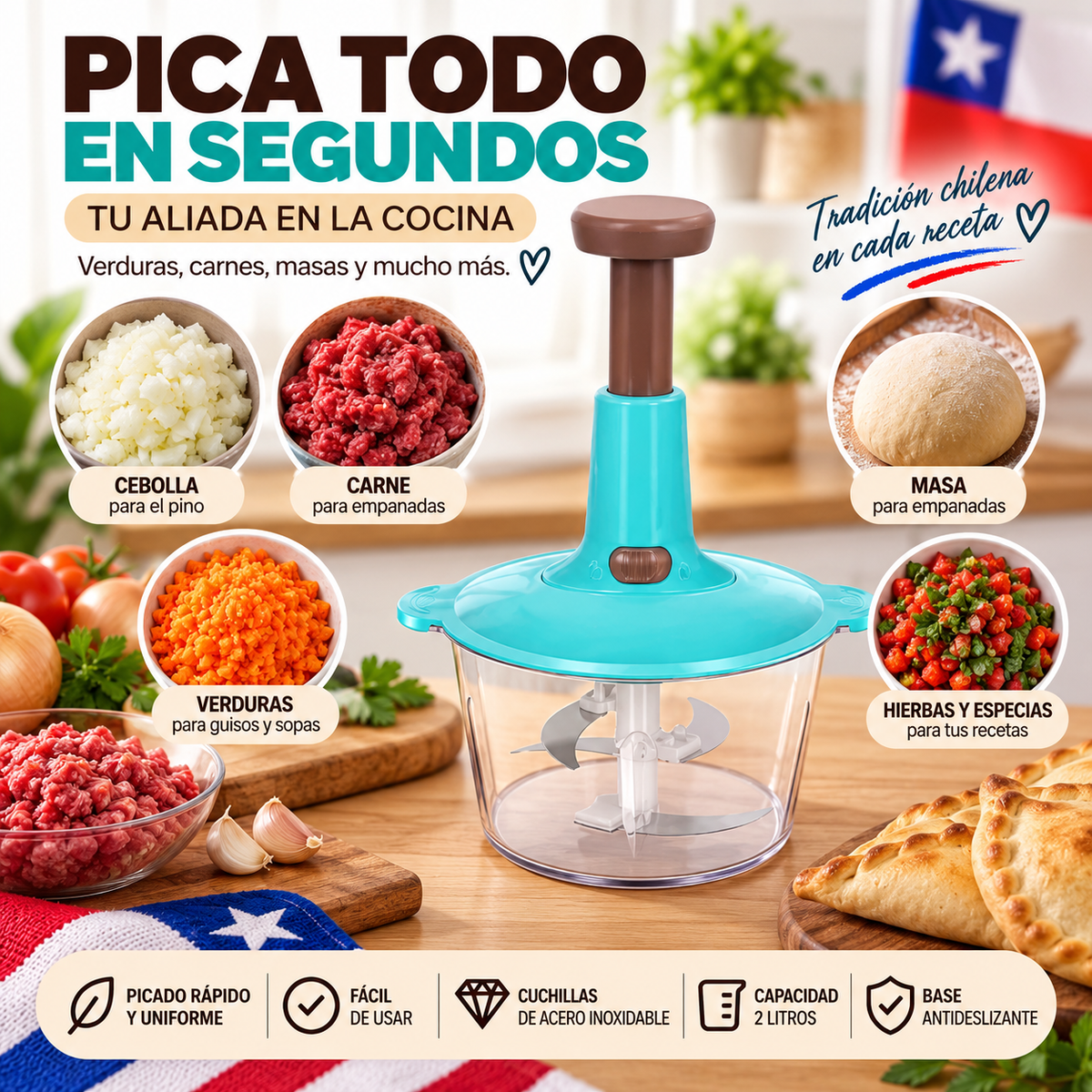 Picadora Manual de Alimentos 2L - Pica y prepara en segundos